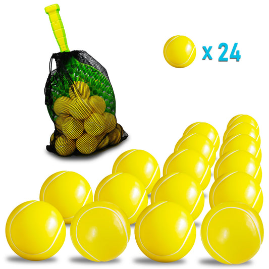 YESMARKS 24 Pack Soft PU Foam Balls, 2.4” Mini Squeeze Foam Baseballs for Pitching Machines and 16” Plastic Tennis Bat for Kids Batting Practice